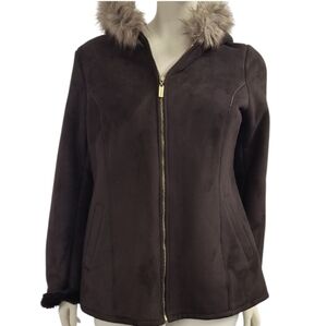 Ellen Tracy Faux Suede Brown Hooded Warm Winter Coat